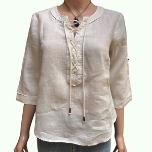 Maeve by Anthropologie Cream Linen Blouse 3/4 Sleeves Size 0P